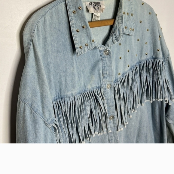 Vintage 90s Boho Fringe Western Rodeo Studded Cotton Denim Button Up Blouse - Picture 3 of 7